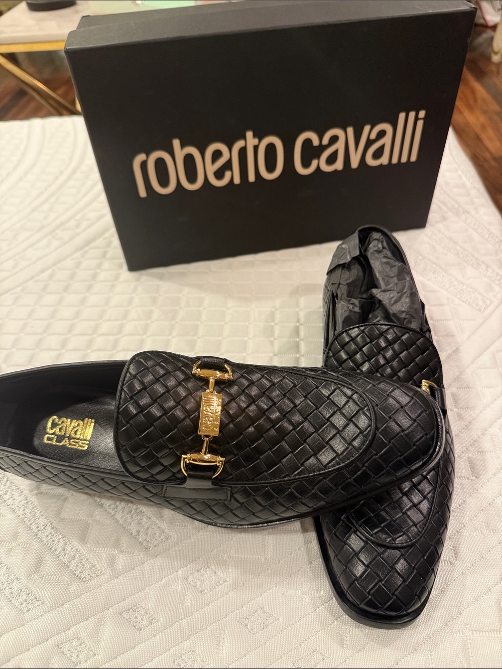 Men’s Roberto Cavalli Black Leather Loafers with Gold Hardware